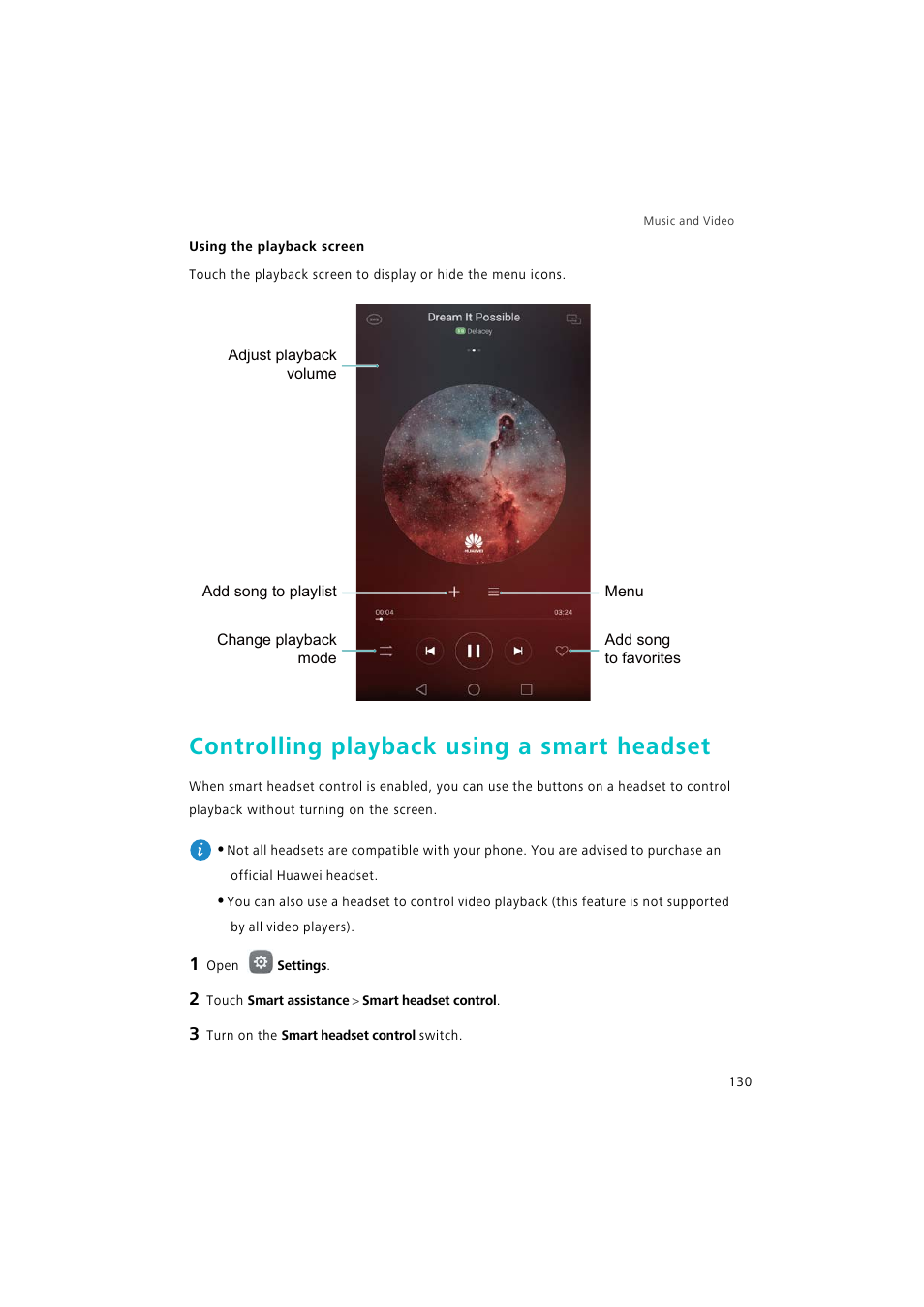 Controlling playback using a smart headset | Huawei P9 Lite User Manual | Page 137 / 204