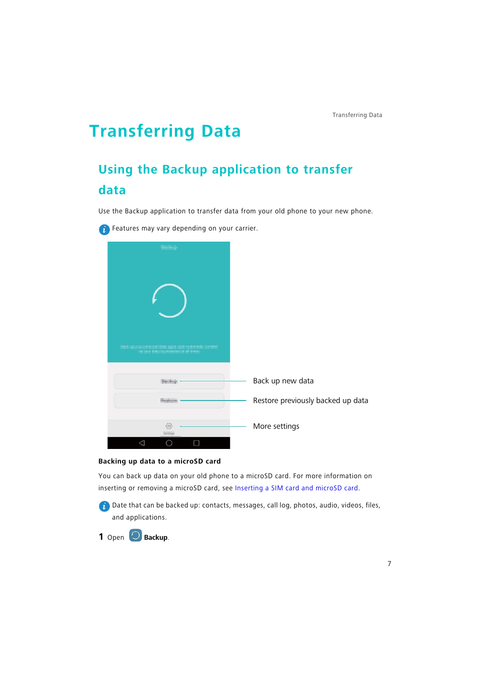 Transferring data, Using the backup application to transfer data, Backing up data to a microsd card | Huawei P9 Lite User Manual | Page 14 / 204