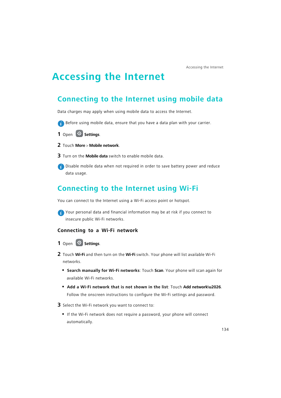 Accessing the internet, Connecting to the internet using mobile data, Connecting to the internet using wi-fi | Connecting to a wi-fi network | Huawei P9 Lite User Manual | Page 141 / 204