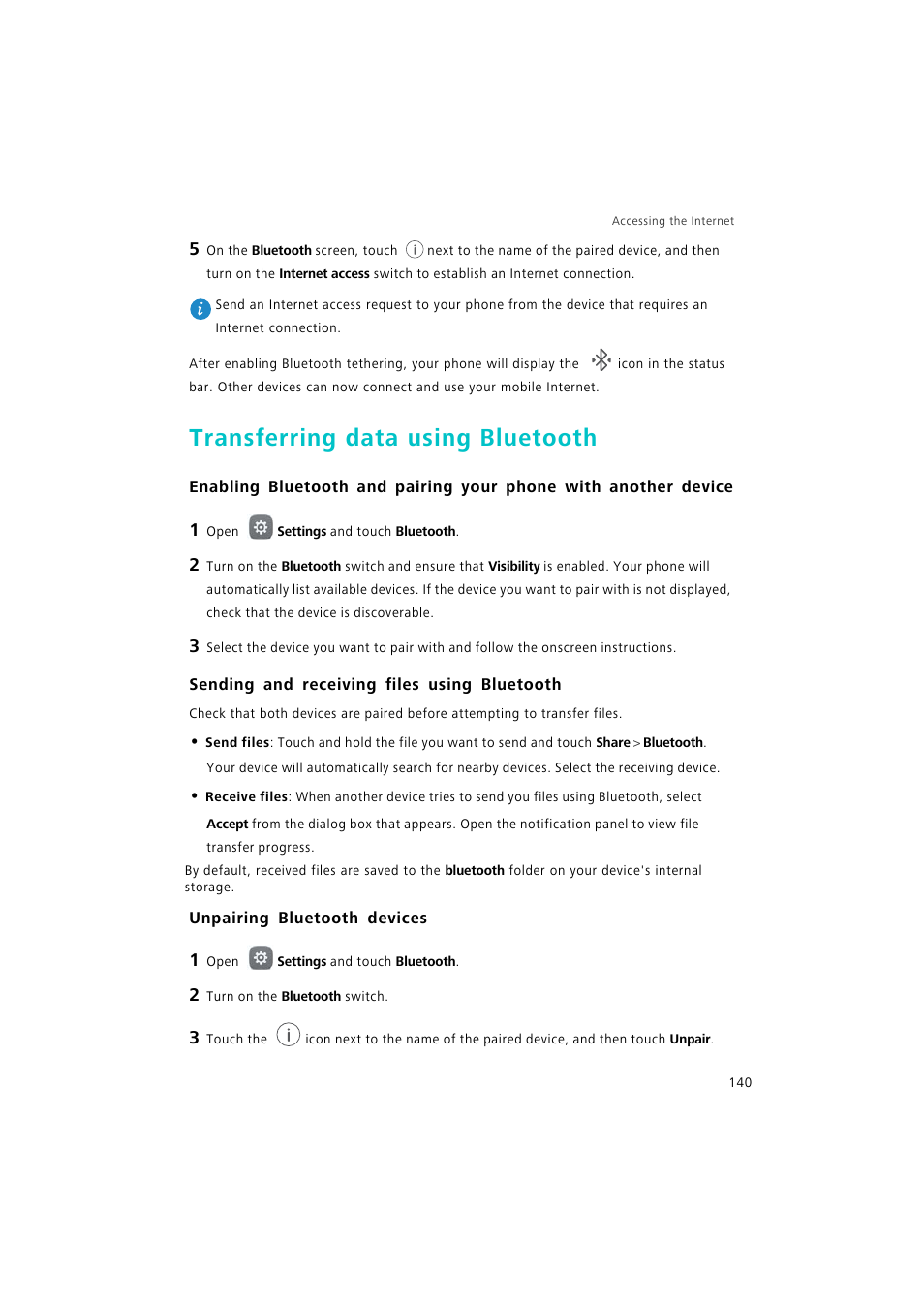 Transferring data using bluetooth, Sending and receiving files using bluetooth, Unpairing bluetooth devices | Sending and receiving files, Using bluetooth, Device | Huawei P9 Lite User Manual | Page 147 / 204