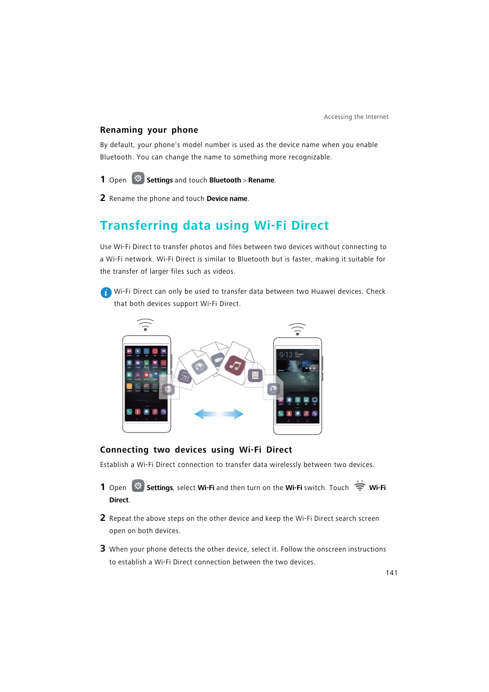 Renaming your phone, Transferring data using wi-fi direct, Connecting two devices using wi-fi direct | Huawei P9 Lite User Manual | Page 148 / 204