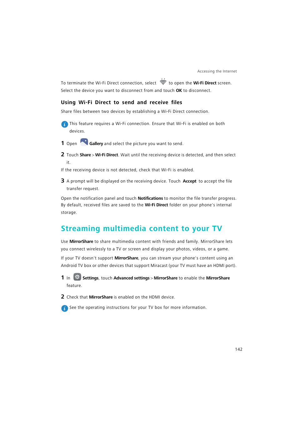 Using wi-fi direct to send and receive files, Streaming multimedia content to your tv, Using wi-fi direct to send | And receive files | Huawei P9 Lite User Manual | Page 149 / 204