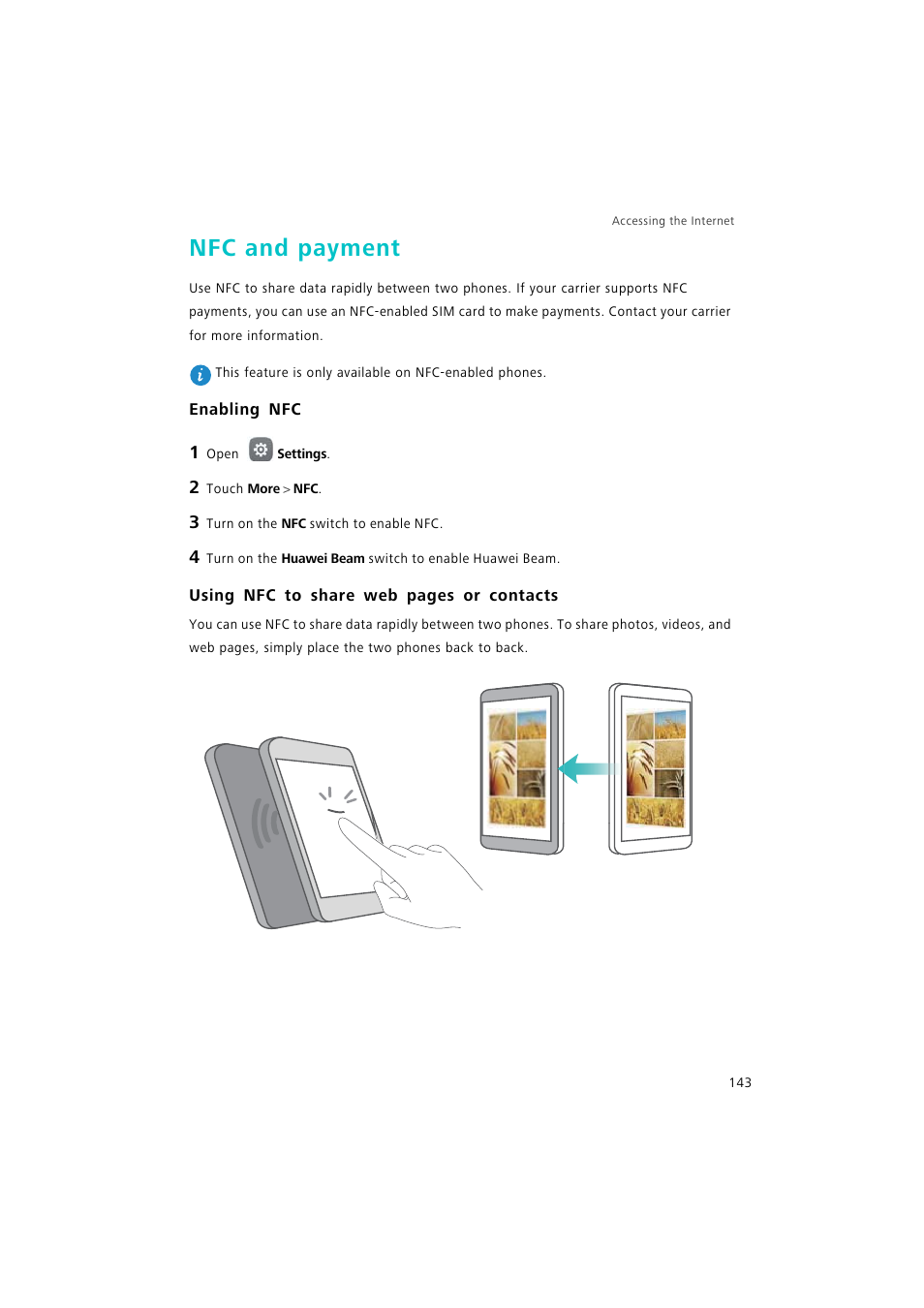 Nfc and payment, Enabling nfc | Huawei P9 Lite User Manual | Page 150 / 204