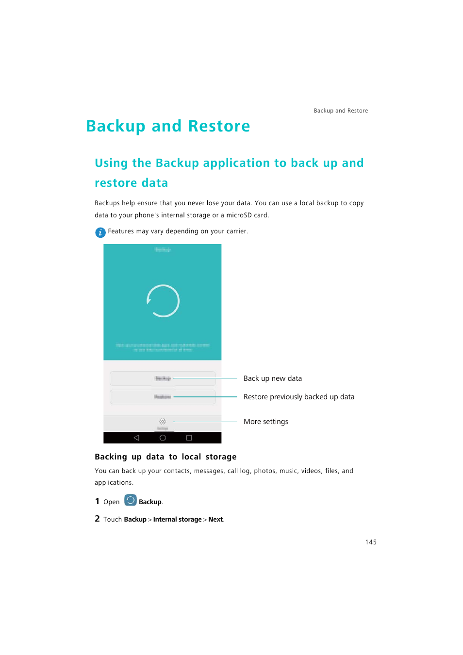 Backup and restore, Backing up data to local storage, Using the backup | Application to back up and restore data | Huawei P9 Lite User Manual | Page 152 / 204