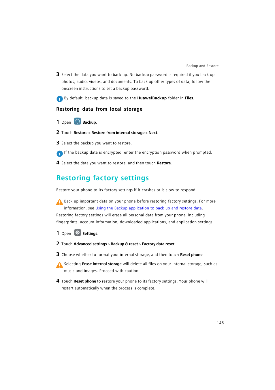 Restoring data from local storage, Restoring factory settings | Huawei P9 Lite User Manual | Page 153 / 204