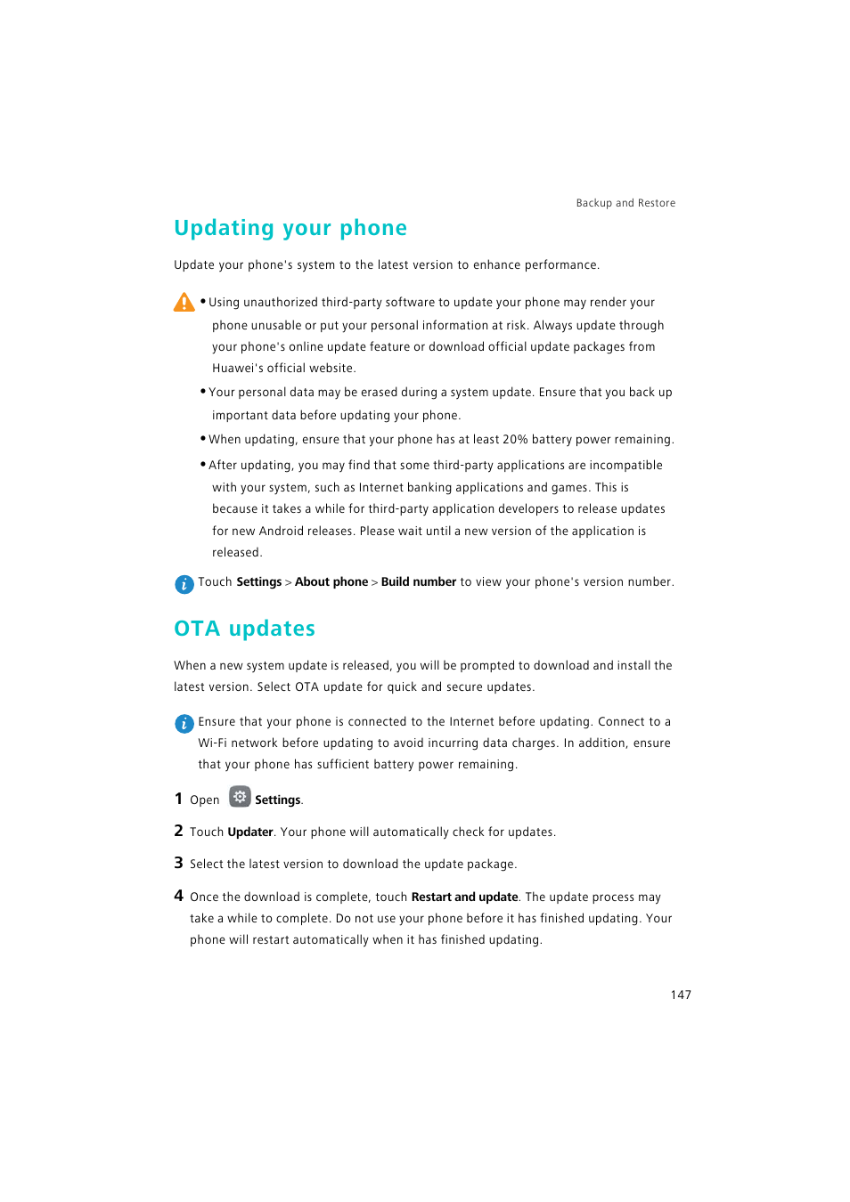 Updating your phone, Ota updates | Huawei P9 Lite User Manual | Page 154 / 204