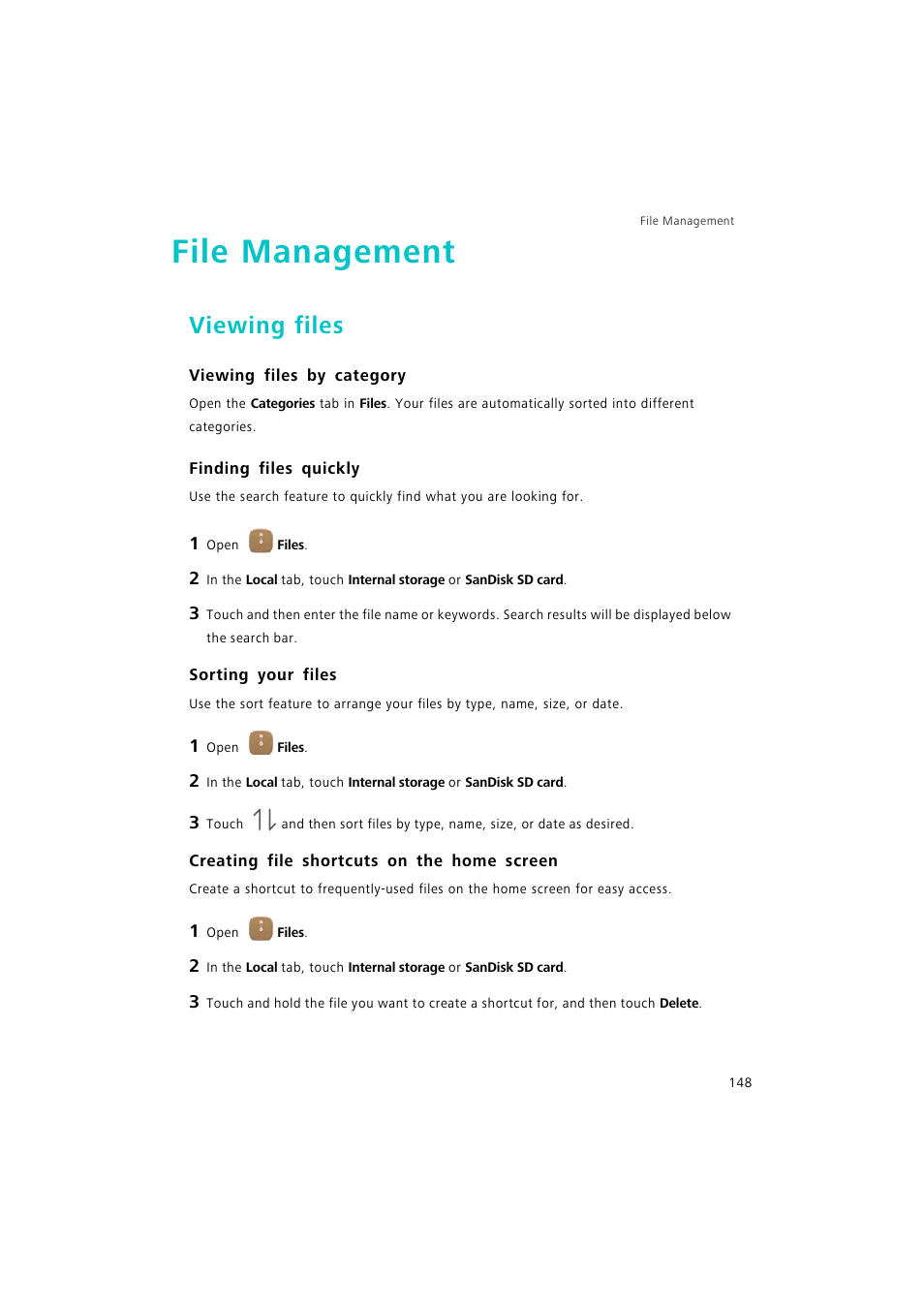 File management, Viewing files, Viewing files by category | Finding files quickly, Sorting your files, Creating file shortcuts on the home screen | Huawei P9 Lite User Manual | Page 155 / 204