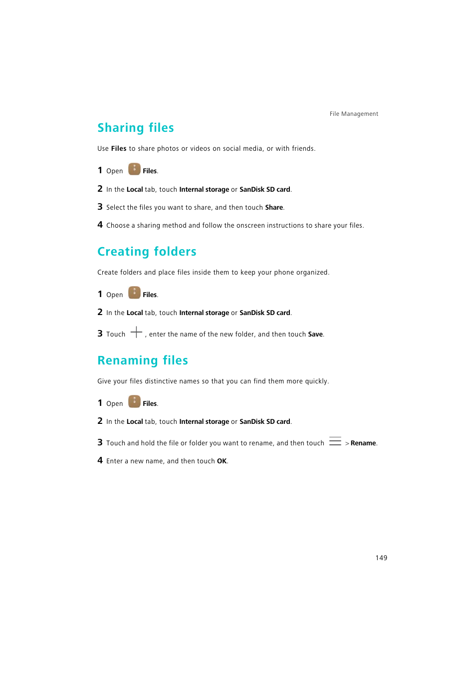 Sharing files, Creating folders, Renaming files | Huawei P9 Lite User Manual | Page 156 / 204