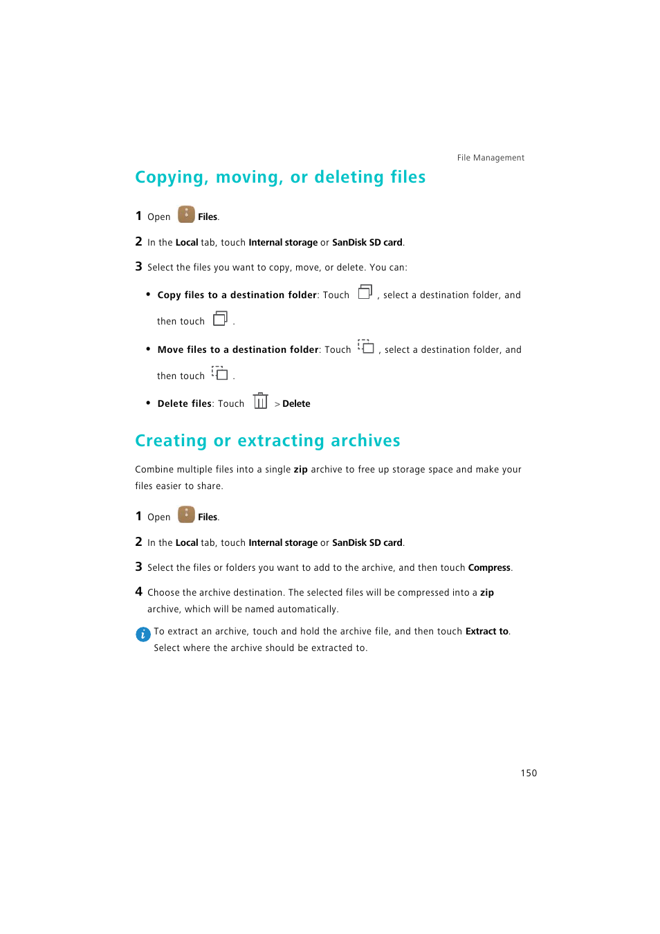 Copying, moving, or deleting files, Creating or extracting archives | Huawei P9 Lite User Manual | Page 157 / 204