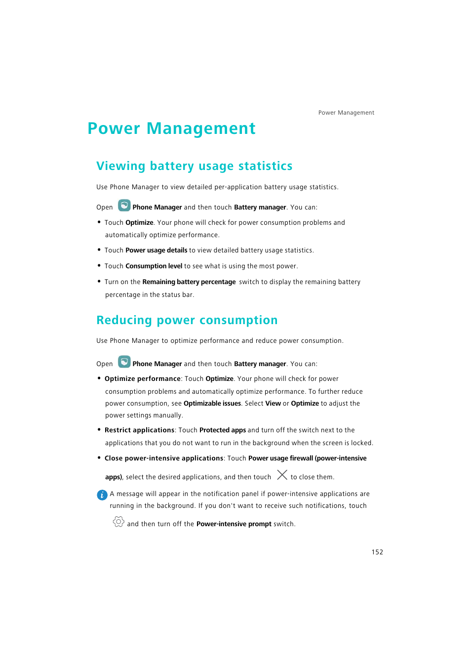 Power management, Viewing battery usage statistics, Reducing power consumption | Huawei P9 Lite User Manual | Page 159 / 204