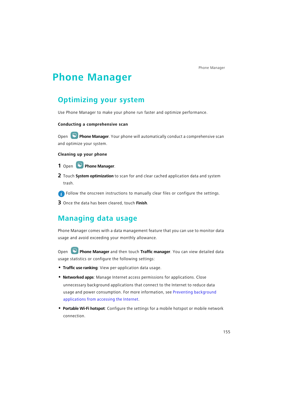 Phone manager, Optimizing your system, Conducting a comprehensive scan | Cleaning up your phone, Managing data usage | Huawei P9 Lite User Manual | Page 162 / 204