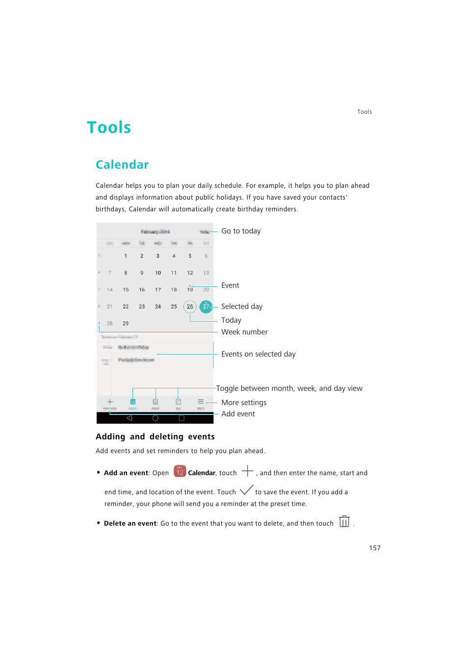 Tools, Calendar, Adding and deleting events | Huawei P9 Lite User Manual | Page 164 / 204