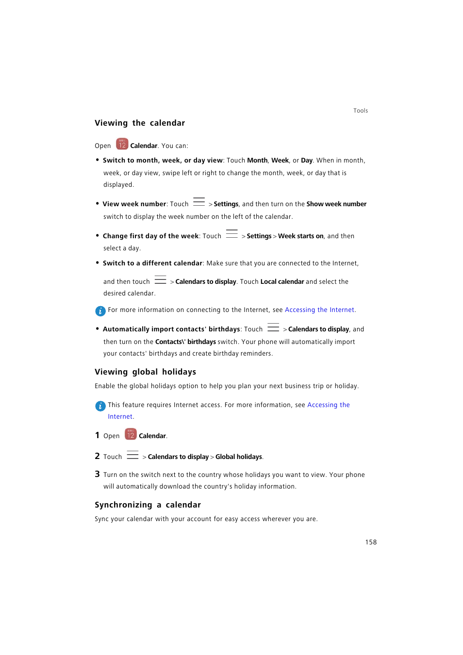 Viewing the calendar, Viewing global holidays, Synchronizing a calendar | Huawei P9 Lite User Manual | Page 165 / 204