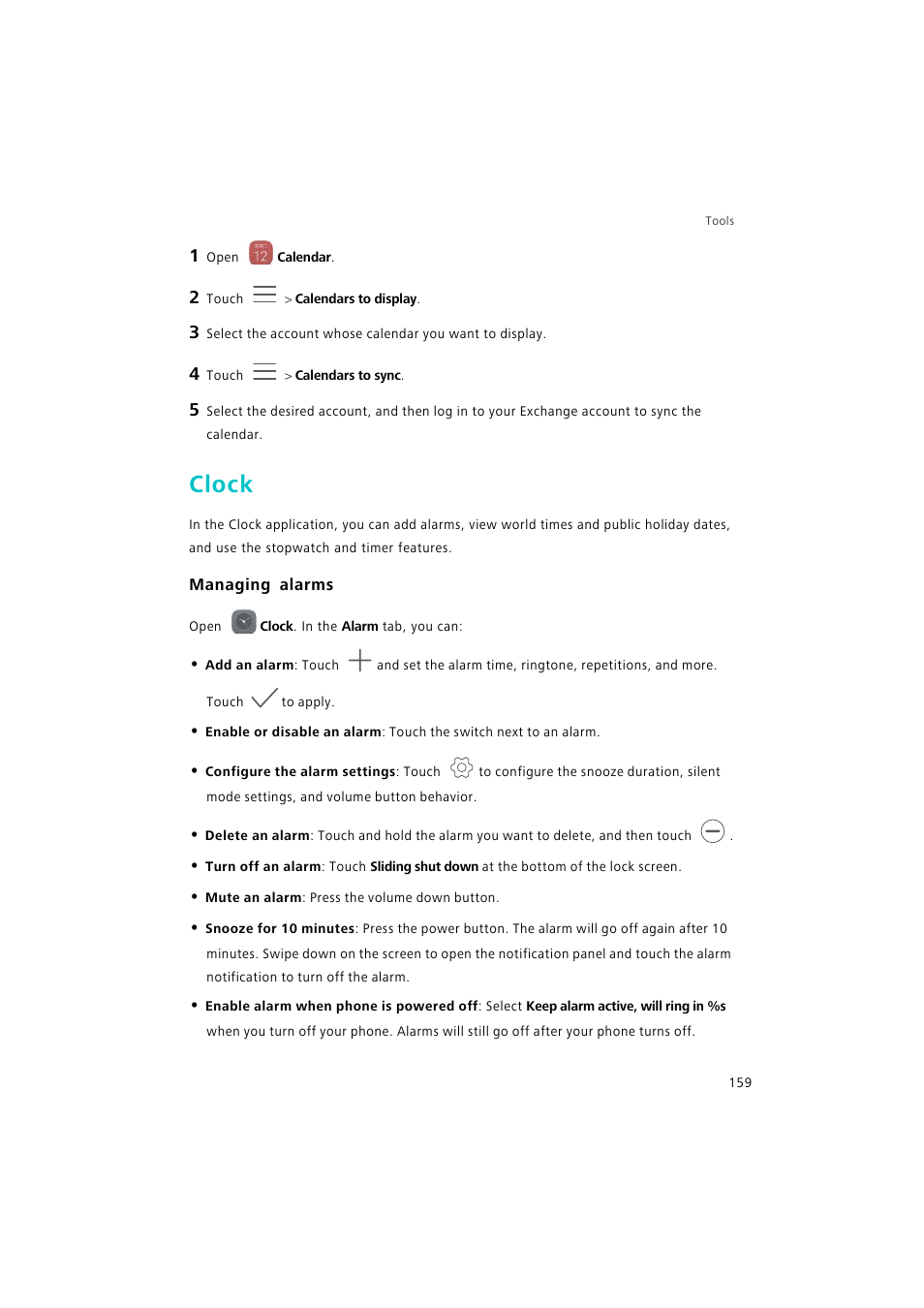 Clock, Managing alarms | Huawei P9 Lite User Manual | Page 166 / 204