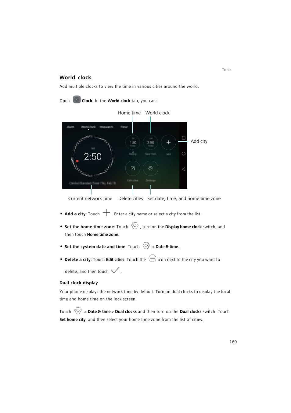 World clock, Dual clock display | Huawei P9 Lite User Manual | Page 167 / 204