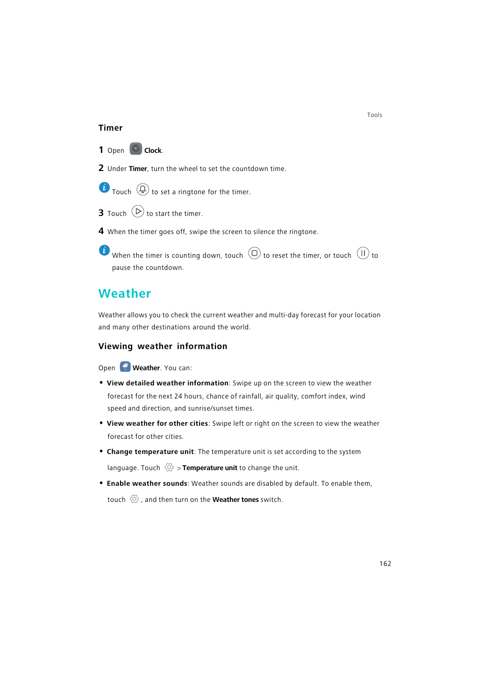 Timer, Weather, Viewing weather information | Huawei P9 Lite User Manual | Page 169 / 204