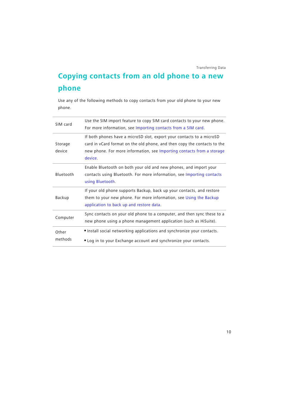 Copying contacts from an old phone to a new phone | Huawei P9 Lite User Manual | Page 17 / 204