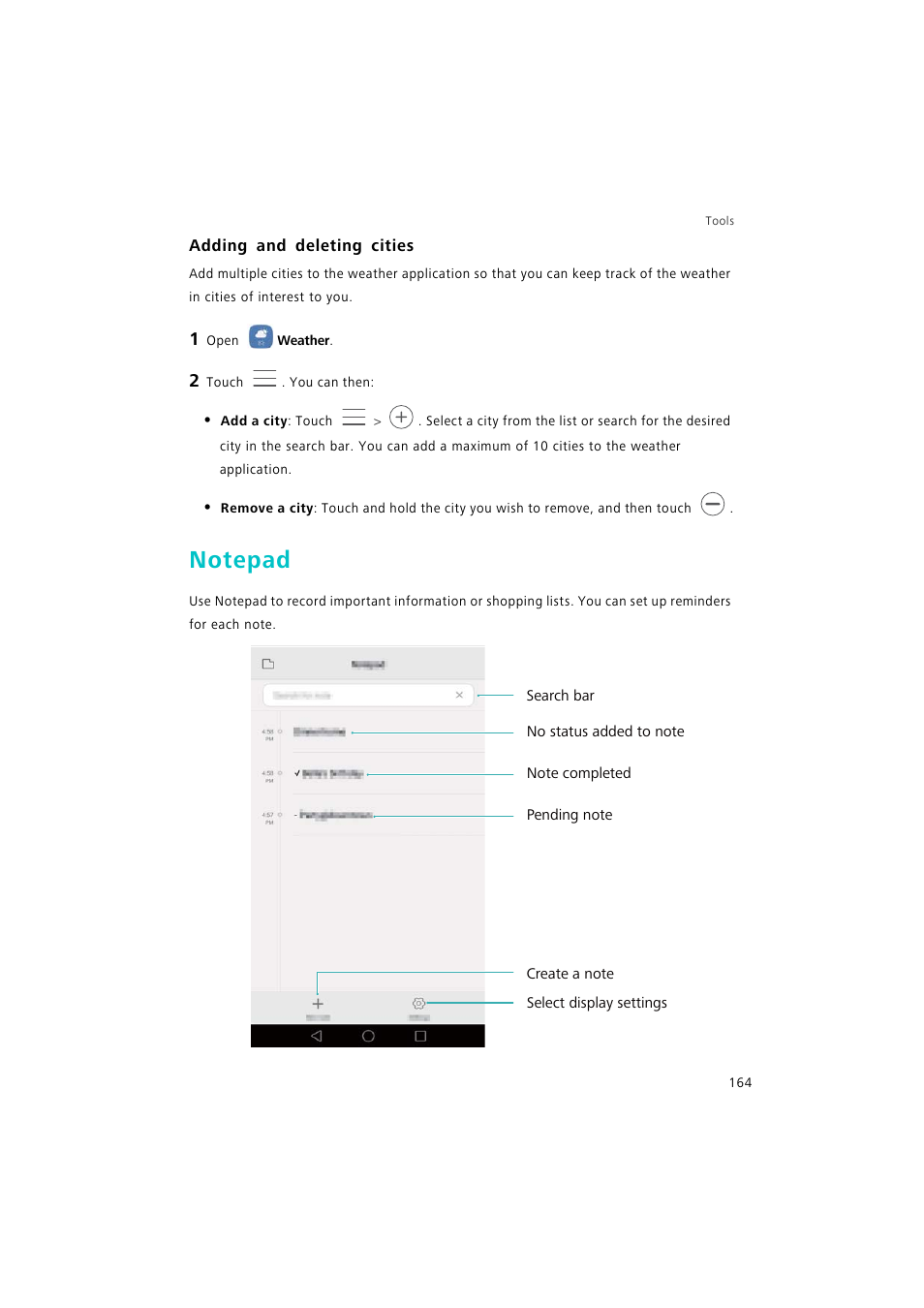 Adding and deleting cities, Notepad | Huawei P9 Lite User Manual | Page 171 / 204