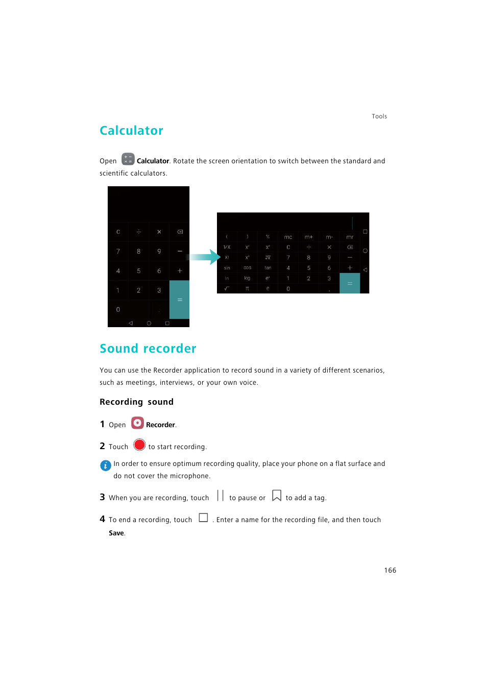 Calculator, Sound recorder, Recording sound | Huawei P9 Lite User Manual | Page 173 / 204