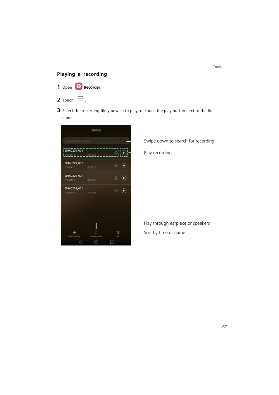 Playing a recording | Huawei P9 Lite User Manual | Page 174 / 204