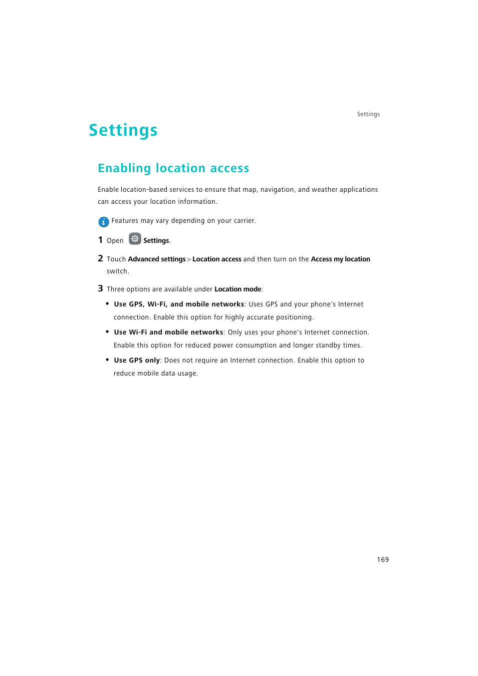 Settings, Enabling location access | Huawei P9 Lite User Manual | Page 176 / 204