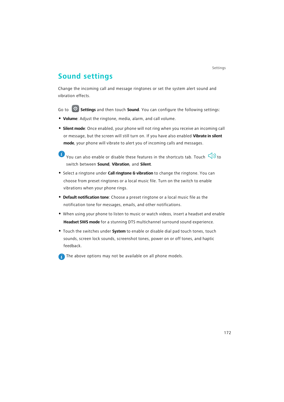 Sound settings | Huawei P9 Lite User Manual | Page 179 / 204