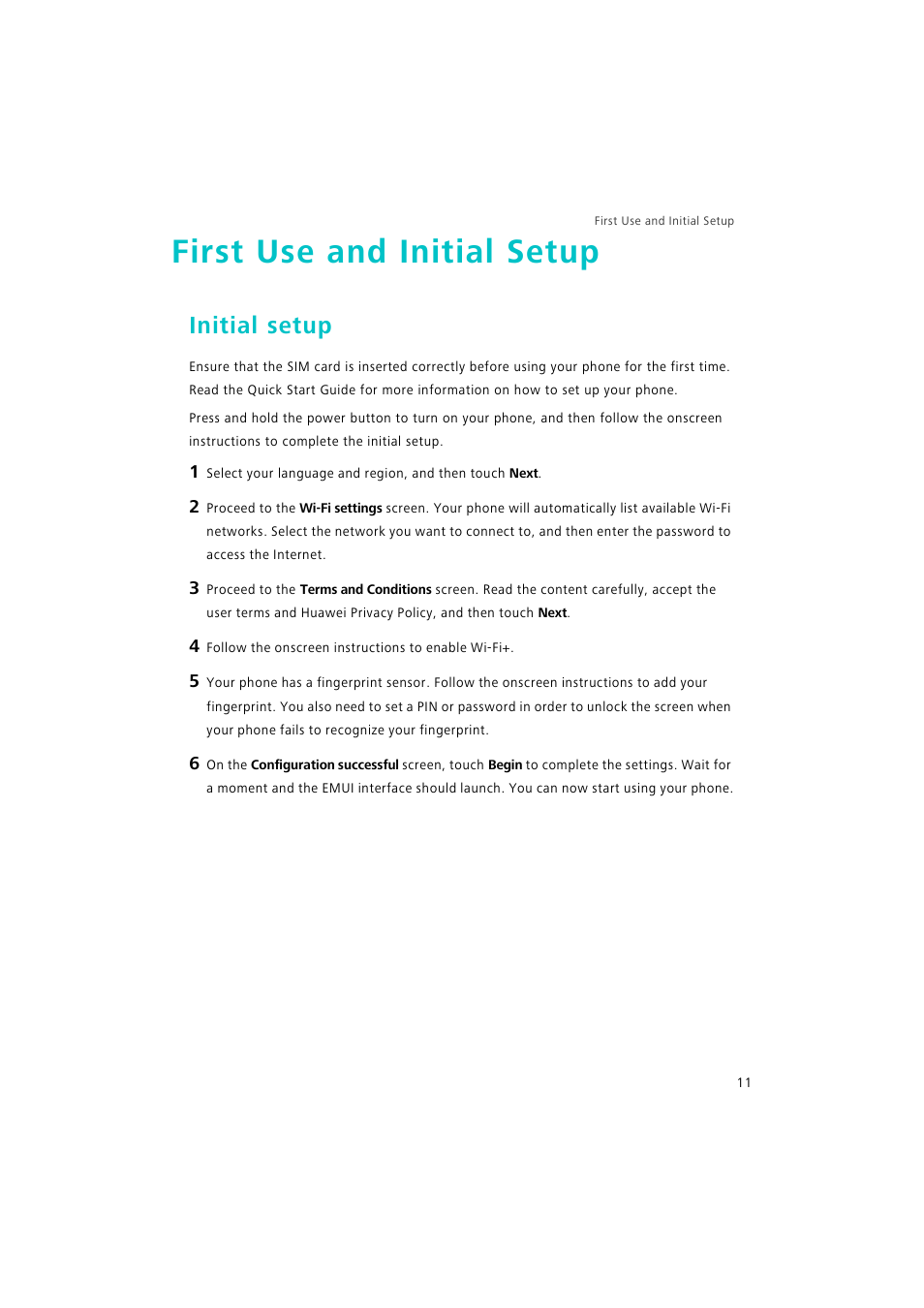 First use and initial setup, Initial setup | Huawei P9 Lite User Manual | Page 18 / 204