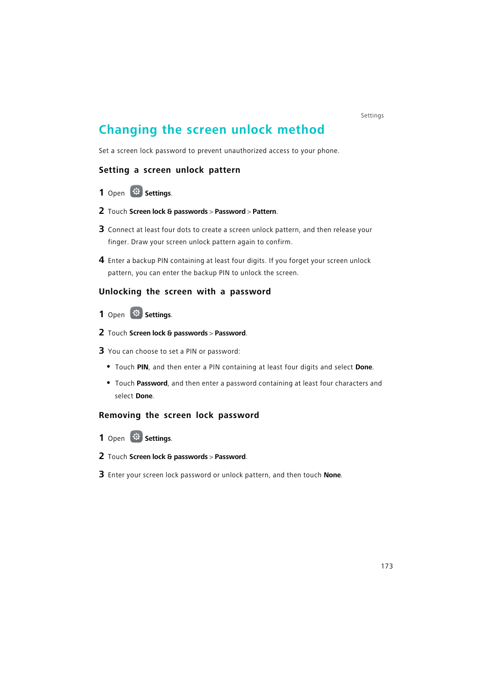 Changing the screen unlock method, Setting a screen unlock pattern, Unlocking the screen with a password | Removing the screen lock password | Huawei P9 Lite User Manual | Page 180 / 204