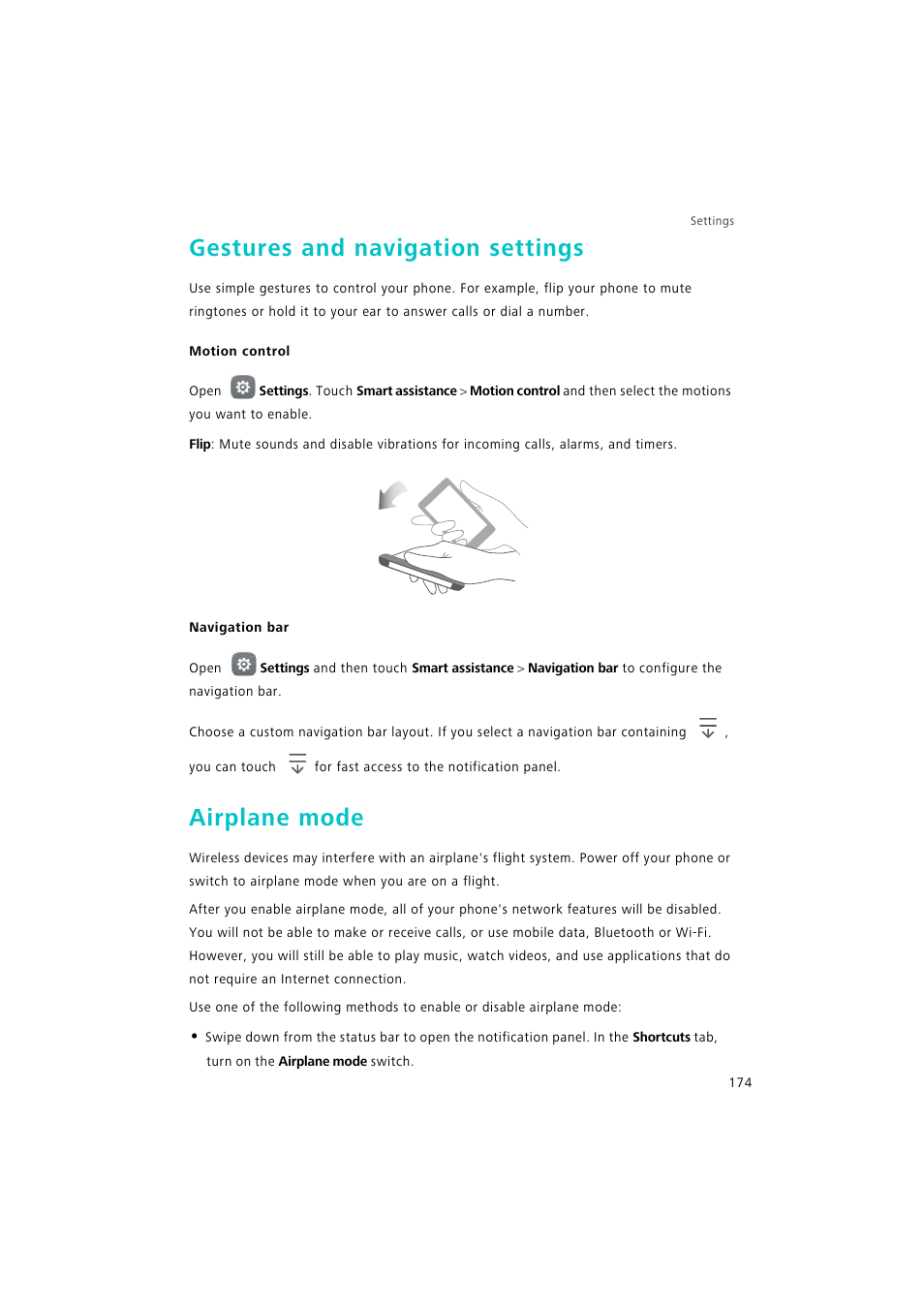 Gestures and navigation settings, Motion control, Navigation bar | Airplane mode | Huawei P9 Lite User Manual | Page 181 / 204