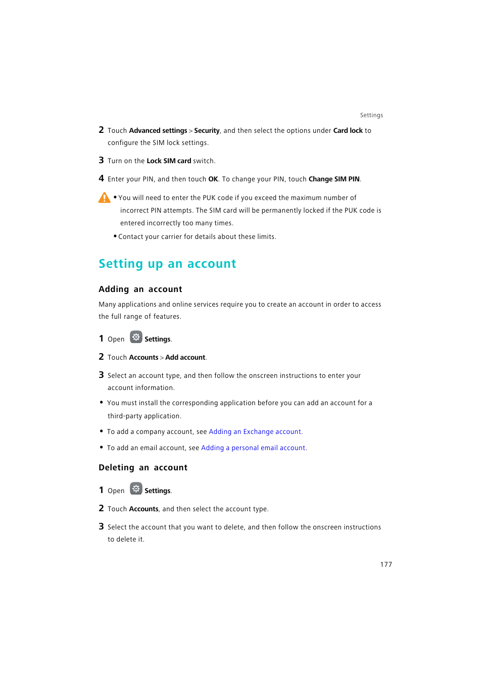 Setting up an account, Adding an account, Deleting an account | Huawei P9 Lite User Manual | Page 184 / 204