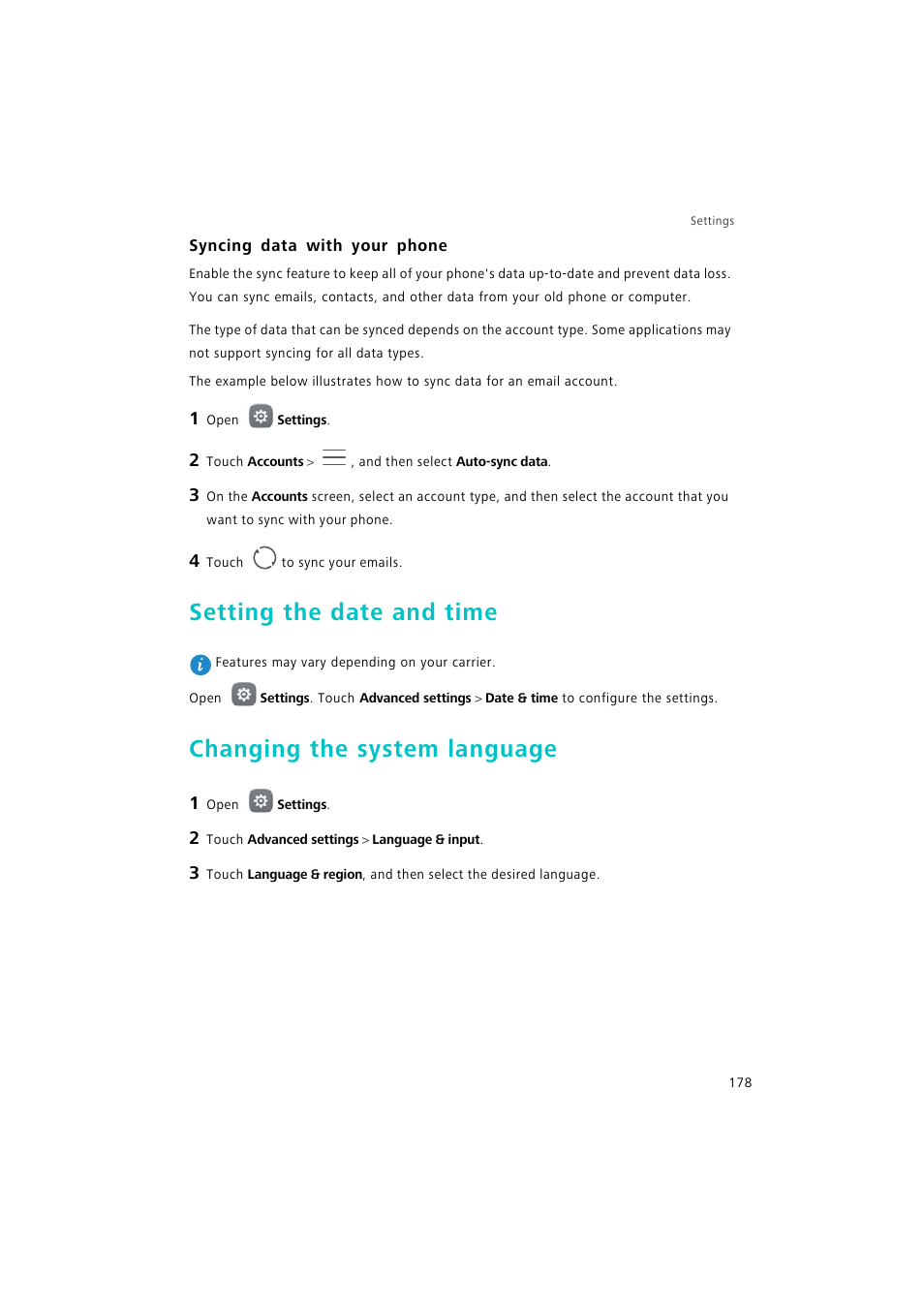 Syncing data with your phone, Setting the date and time, Changing the system language | Huawei P9 Lite User Manual | Page 185 / 204