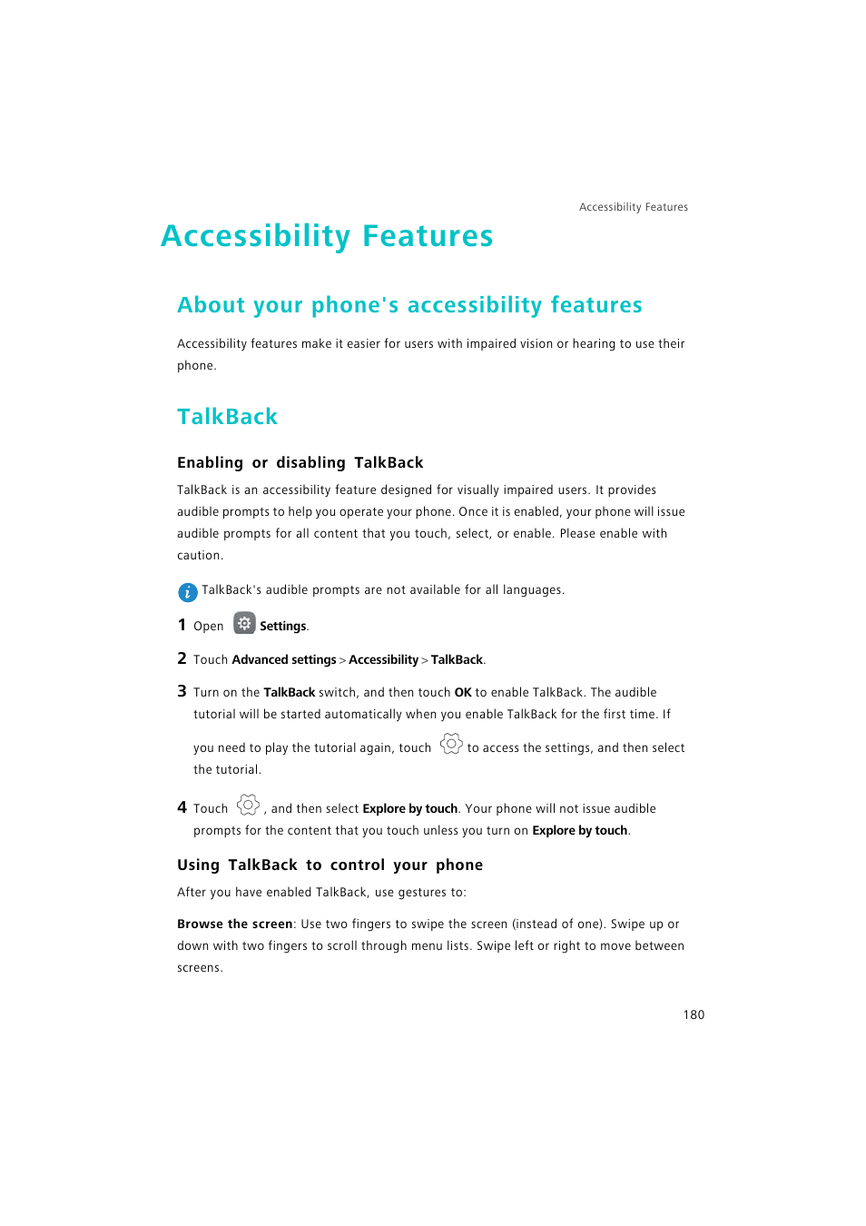 Accessibility features, About your phone's accessibility features, Talkback | Enabling or disabling talkback, Using talkback to control your phone | Huawei P9 Lite User Manual | Page 187 / 204