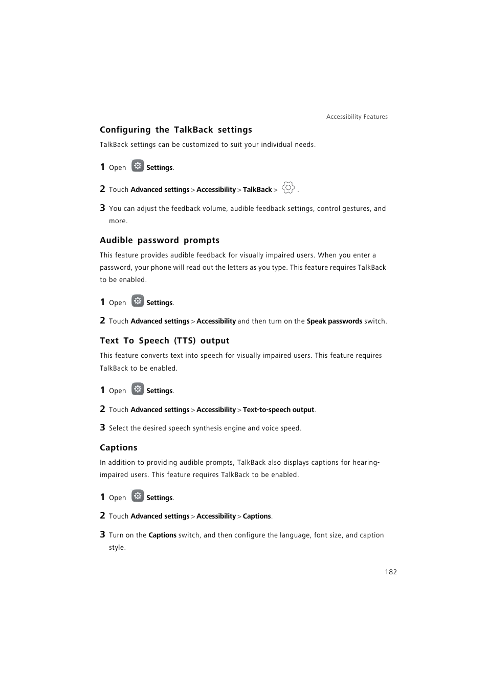 Configuring the talkback settings, Audible password prompts, Text to speech (tts) output | Captions | Huawei P9 Lite User Manual | Page 189 / 204