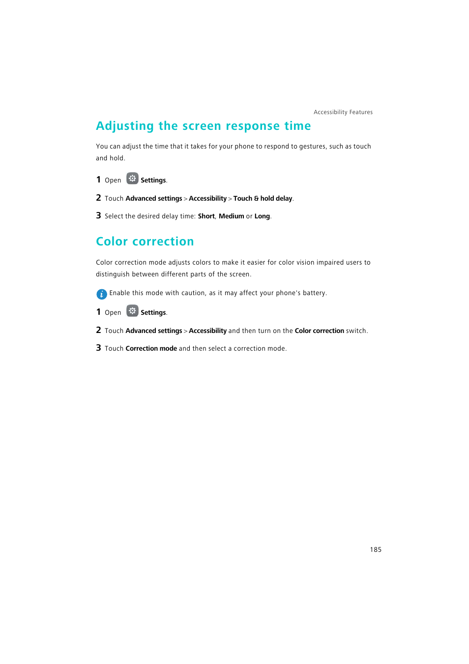 Adjusting the screen response time, Color correction | Huawei P9 Lite User Manual | Page 192 / 204