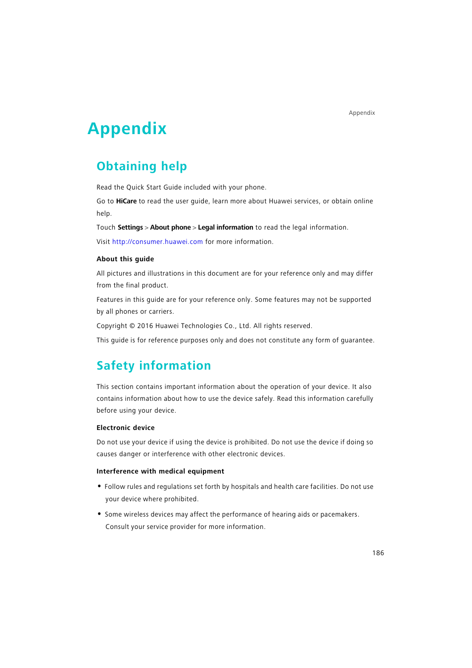 Appendix, Obtaining help, About this guide | Safety information, Electronic device, Interference with medical equipment | Huawei P9 Lite User Manual | Page 193 / 204