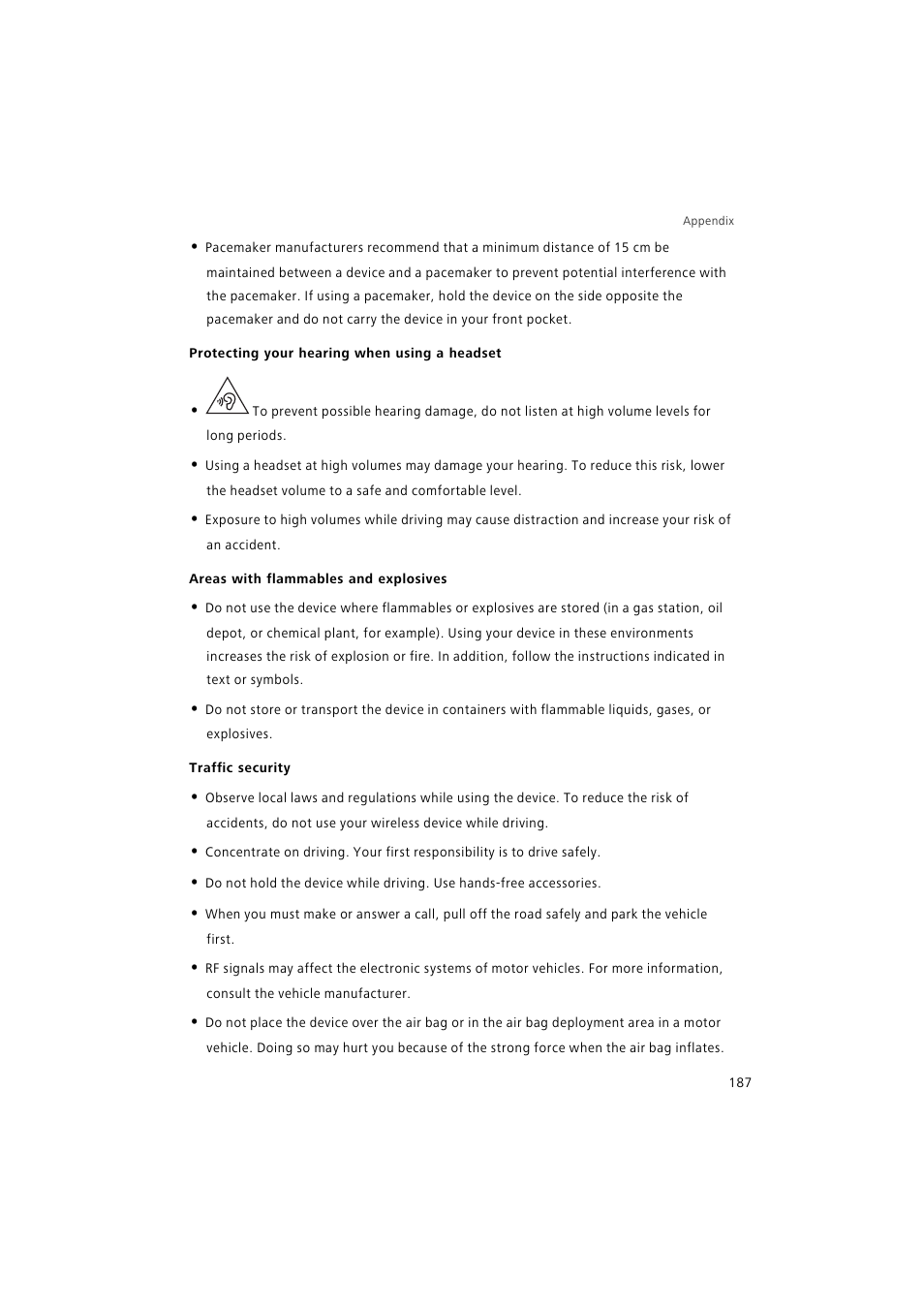 Protecting your hearing when using a headset, Areas with flammables and explosives, Traffic security | Huawei P9 Lite User Manual | Page 194 / 204