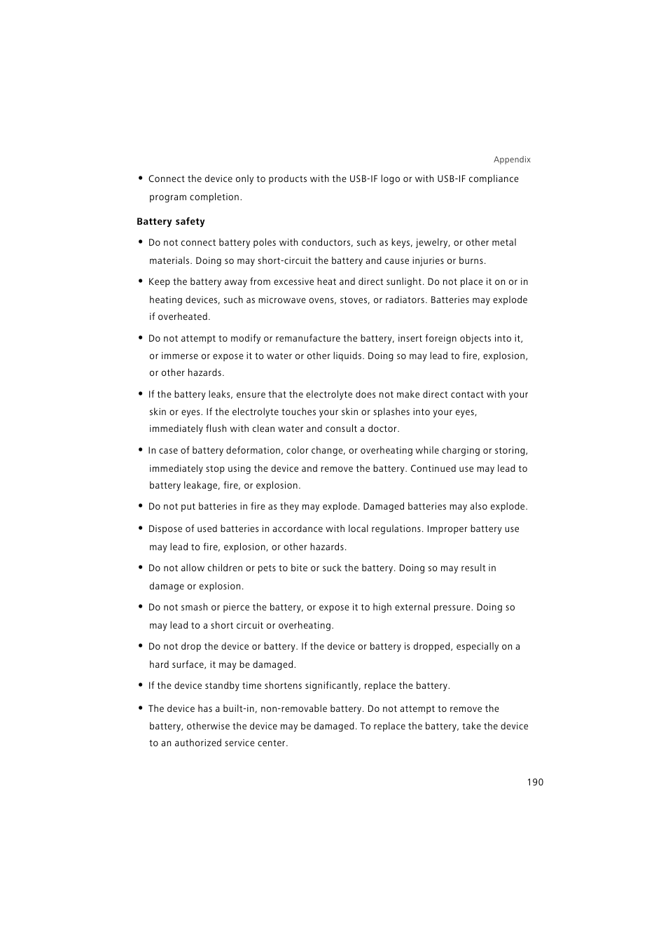 Battery safety | Huawei P9 Lite User Manual | Page 197 / 204