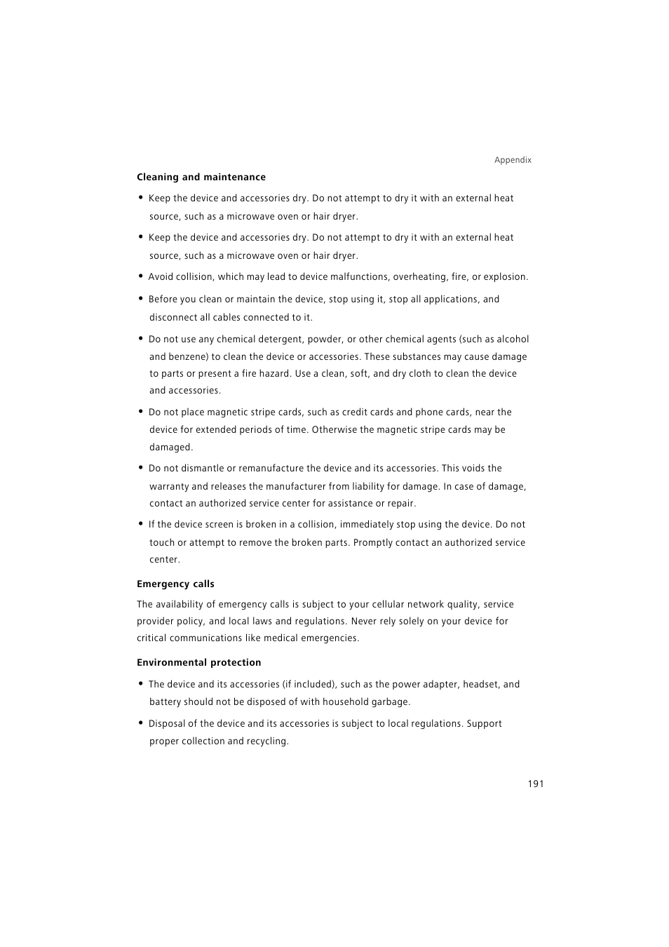 Cleaning and maintenance, Emergency calls, Environmental protection | Huawei P9 Lite User Manual | Page 198 / 204