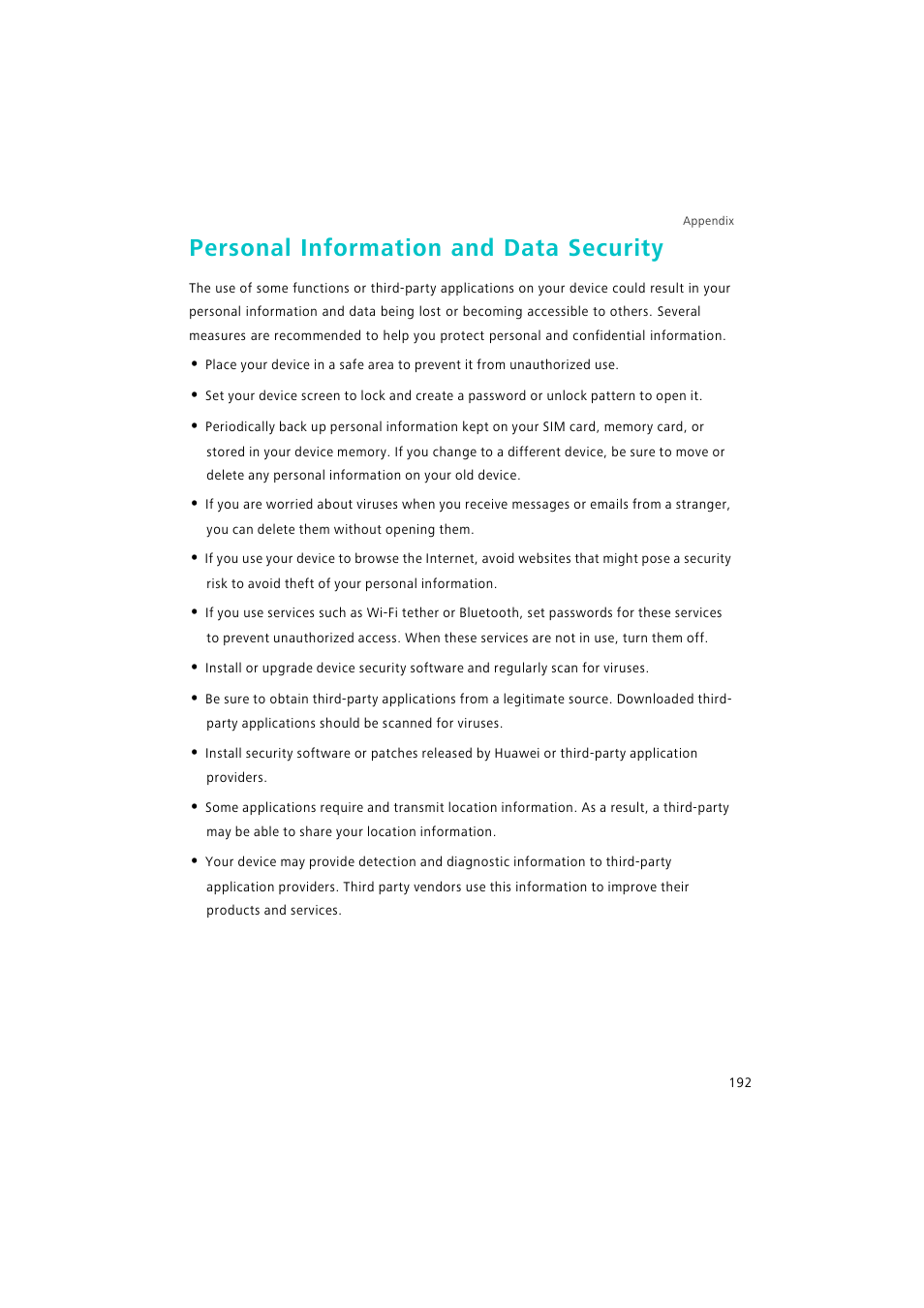 Personal information and data security | Huawei P9 Lite User Manual | Page 199 / 204