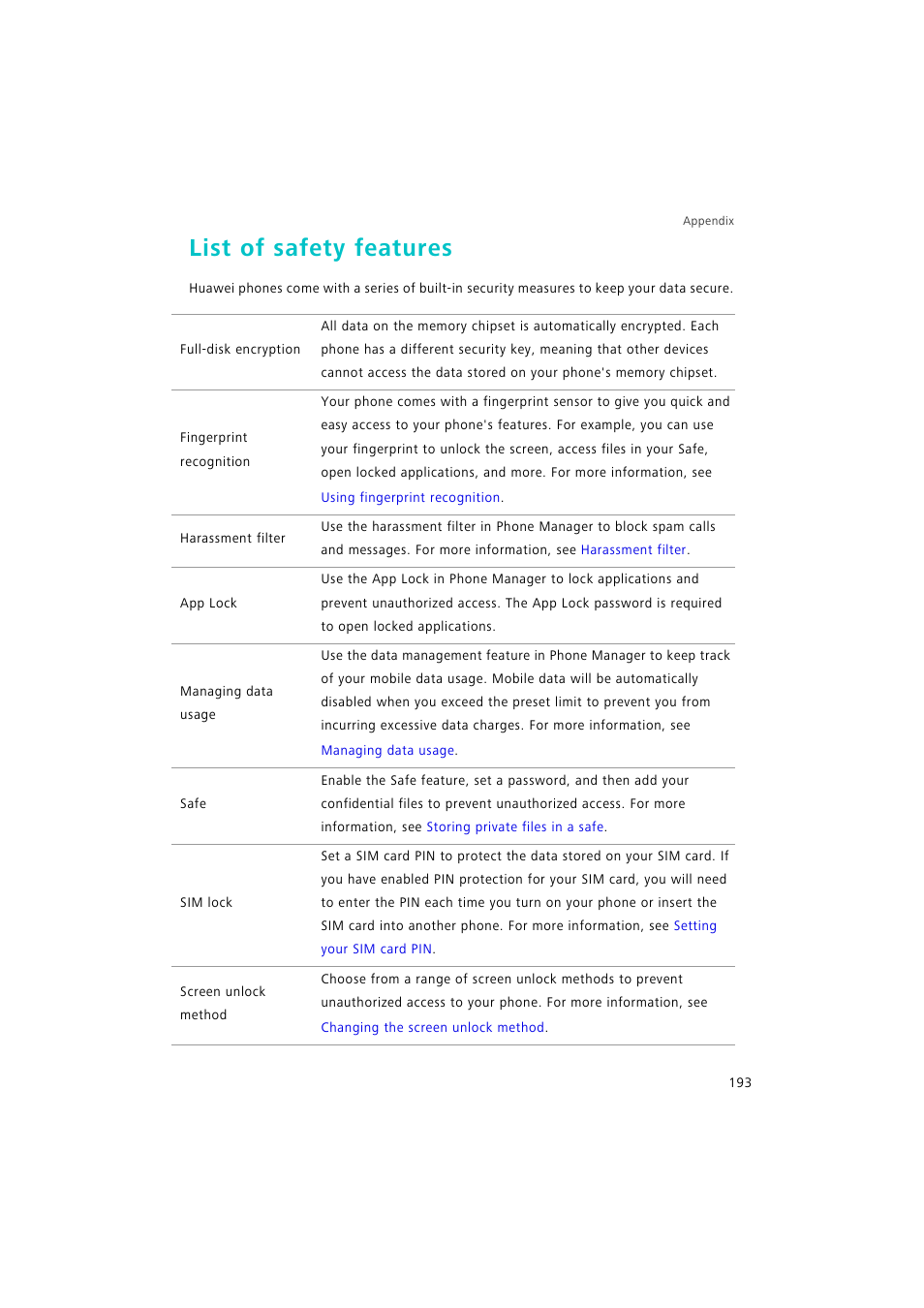 List of safety features | Huawei P9 Lite User Manual | Page 200 / 204