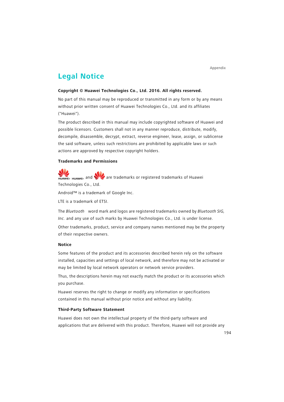 Legal notice, Trademarks and permissions, Notice | Third-party software statement | Huawei P9 Lite User Manual | Page 201 / 204