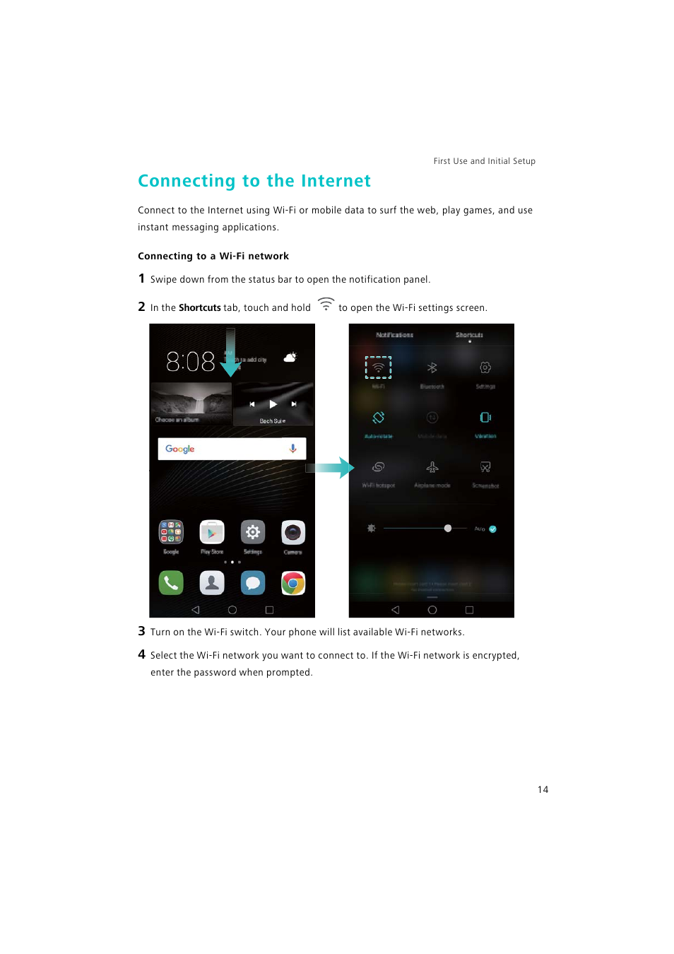 Connecting to the internet, Connecting to a wi-fi network | Huawei P9 Lite User Manual | Page 21 / 204