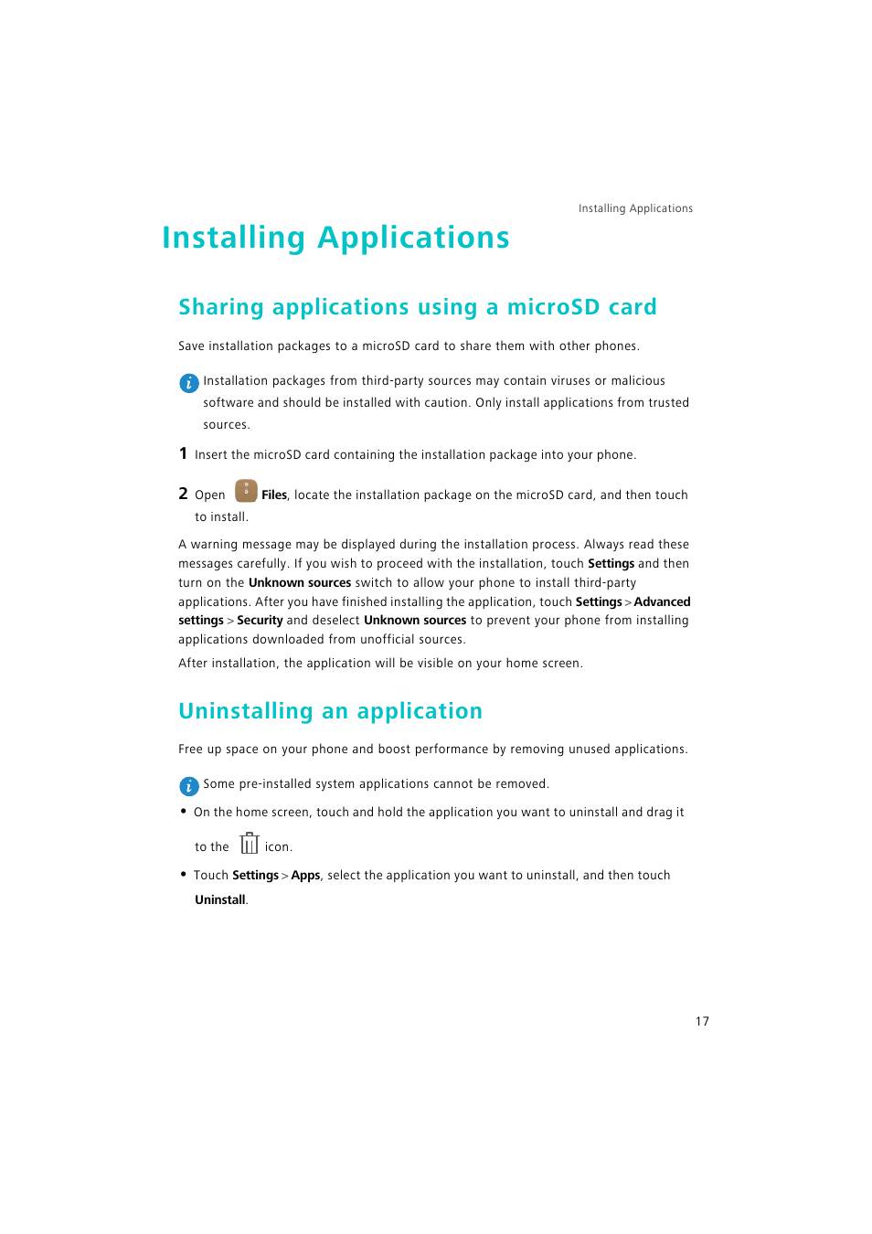 Installing applications, Sharing applications using a microsd card, Uninstalling an application | Huawei P9 Lite User Manual | Page 24 / 204