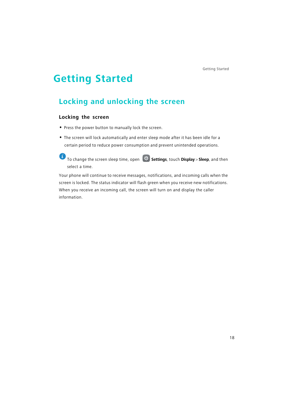 Getting started, Locking and unlocking the screen, Locking the screen | Huawei P9 Lite User Manual | Page 25 / 204