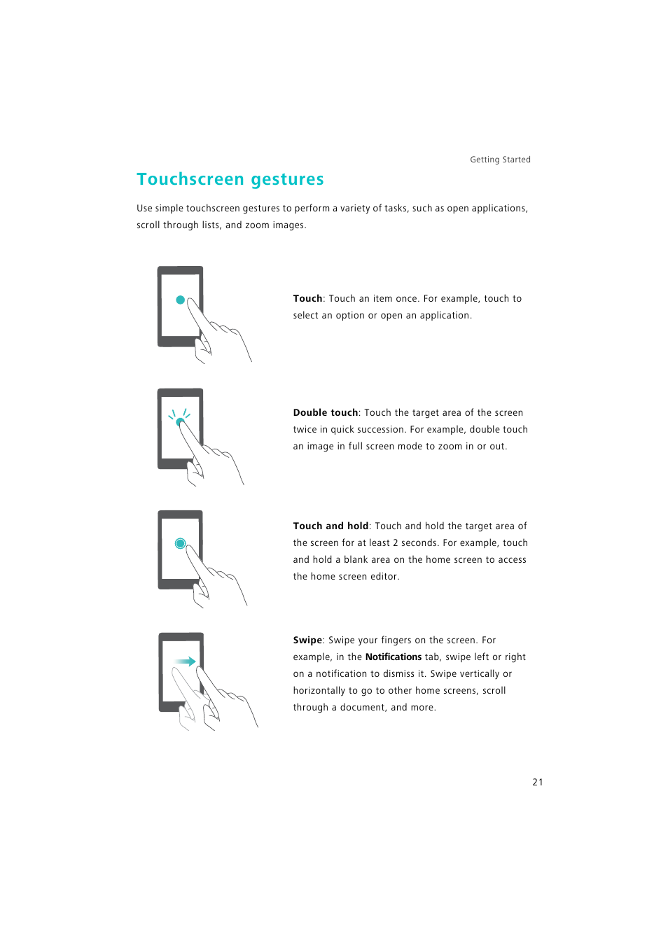 Touchscreen gestures | Huawei P9 Lite User Manual | Page 28 / 204