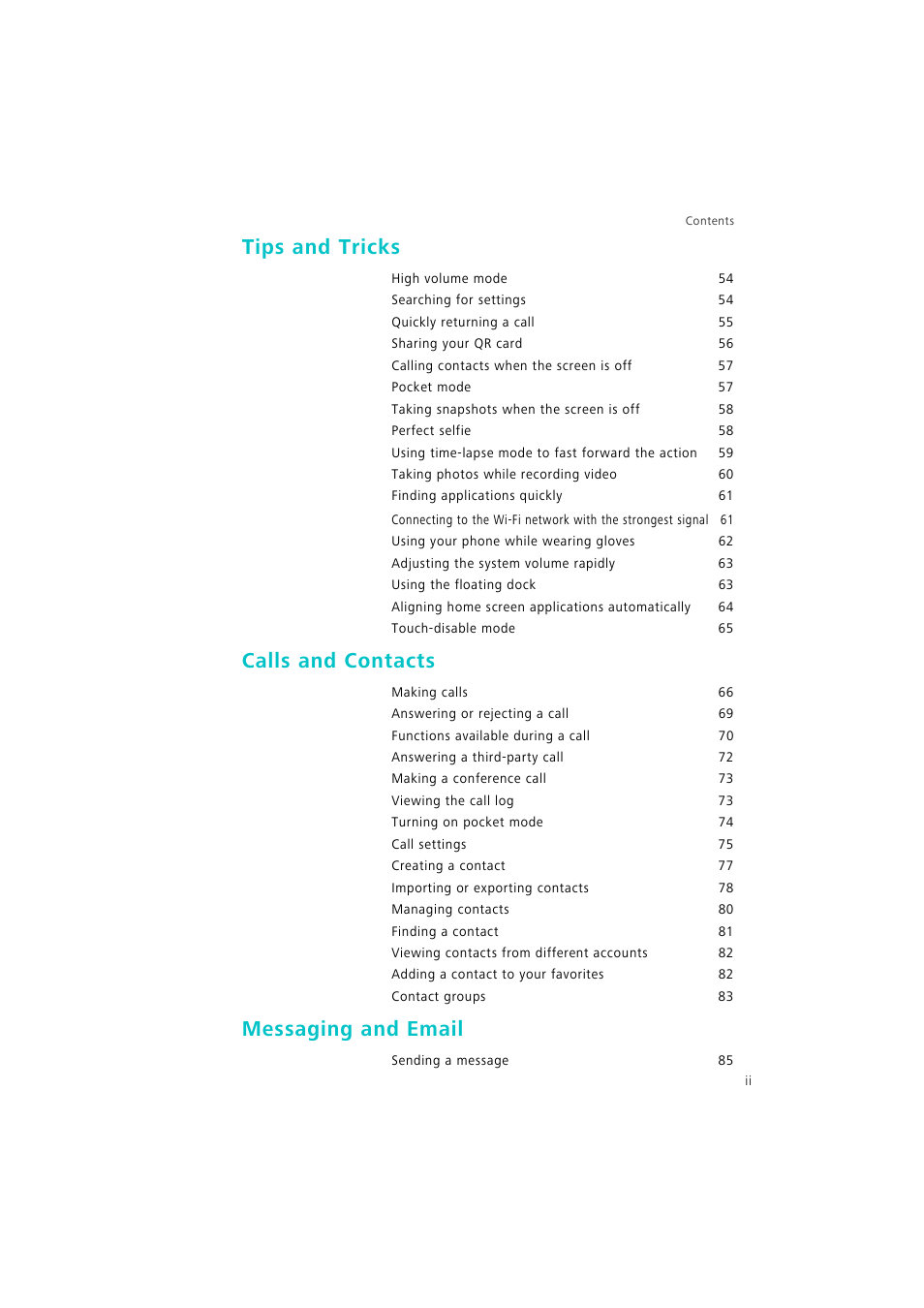 Tips and tricks, Calls and contacts, Messaging and email | Huawei P9 Lite User Manual | Page 3 / 204