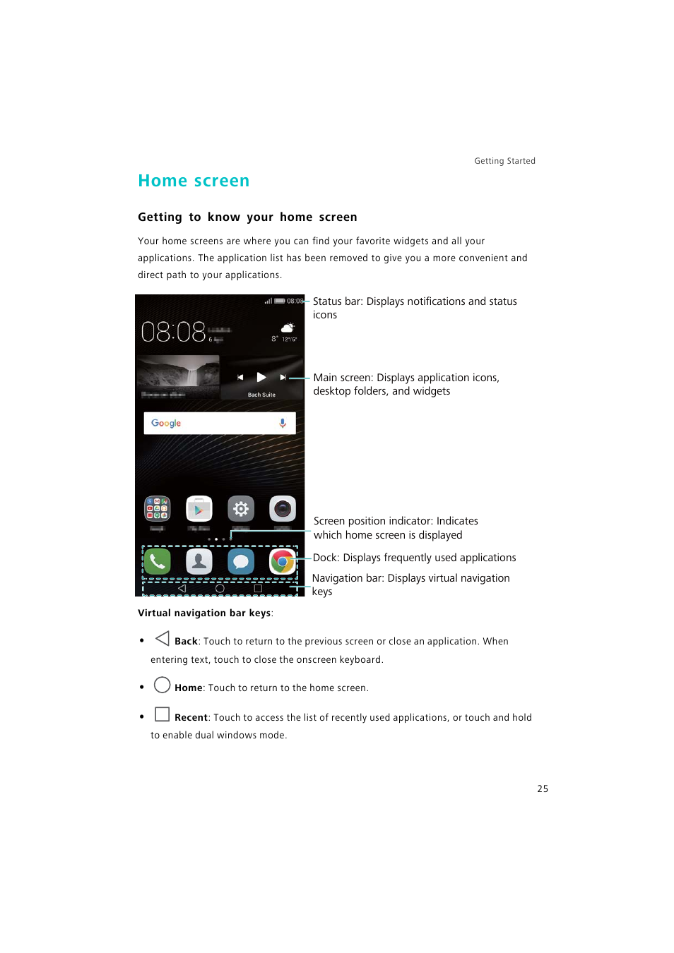 Home screen, Getting to know your home screen | Huawei P9 Lite User Manual | Page 32 / 204