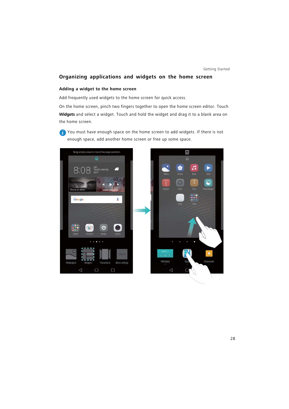 Adding a widget to the home screen | Huawei P9 Lite User Manual | Page 35 / 204