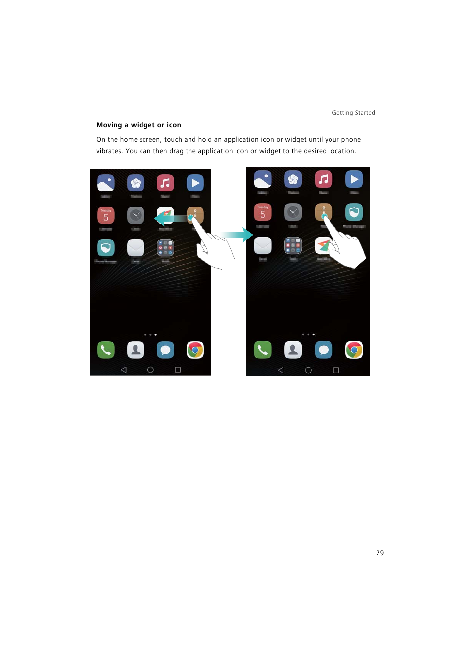 Moving a widget or icon | Huawei P9 Lite User Manual | Page 36 / 204
