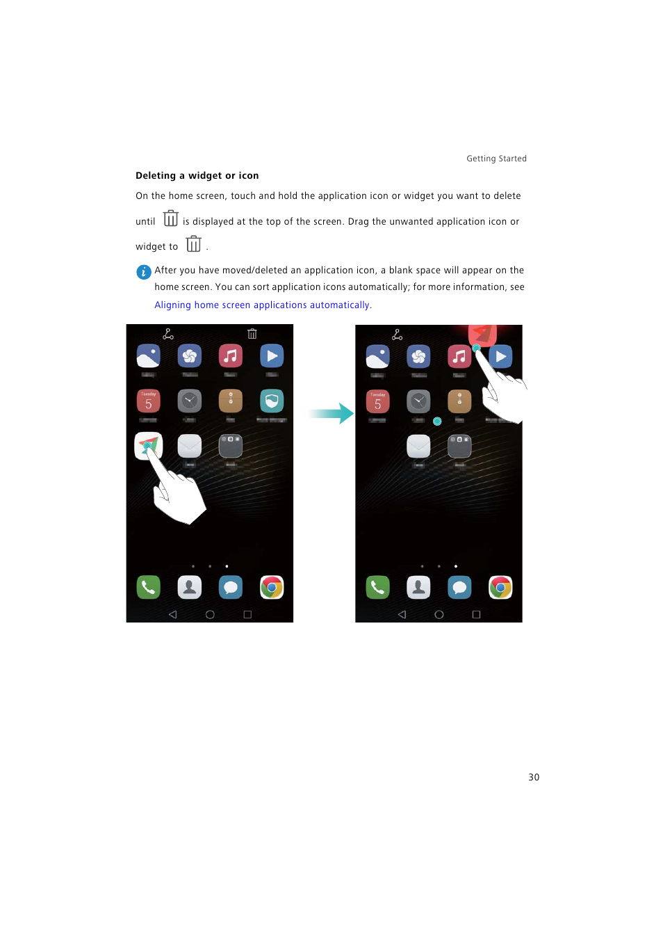 Deleting a widget or icon | Huawei P9 Lite User Manual | Page 37 / 204